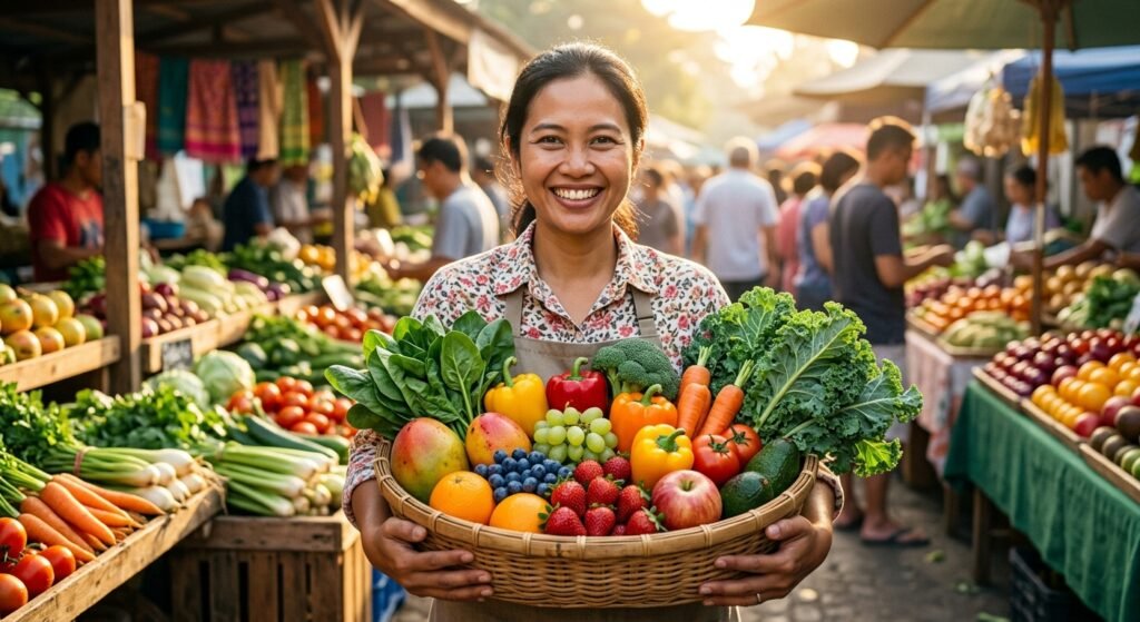 seorang wanita tersenyum ceria sambil memegang keranjang penuh buah buahan dan sayuran segar di pasar petani dengan cahaya matahari pagi yang hangat gaya fotografi cerah dan alami 1775732170 seorang wanita tersenyum ceria sambil memegang keranjang penuh buah buahan dan sayuran segar di pasar petani dengan cahaya matahari pagi yang hangat gaya fotografi cerah dan alami 1775732170